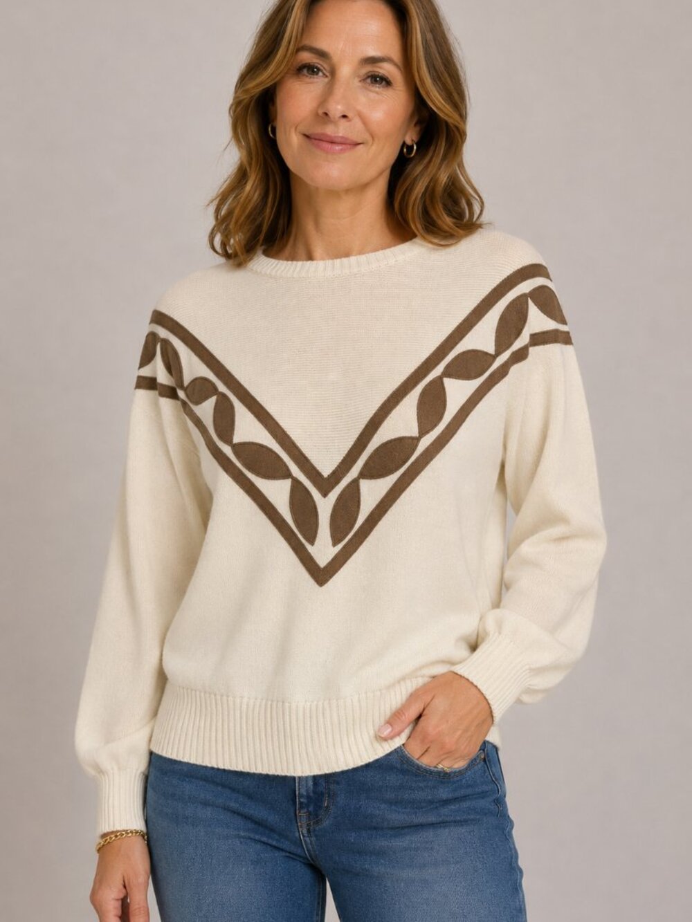 Vintage Leslie Fay Petites Size 6 Cream Brown Leaf Chevron Sweater Back Zip